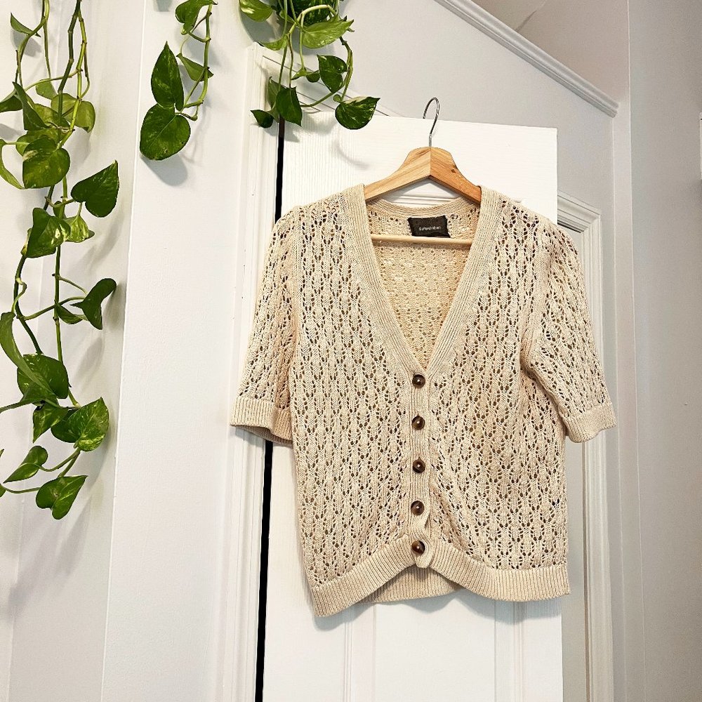 Reformation Pansy Crochet Eyelet Short Sleeve Button Down Cardigan